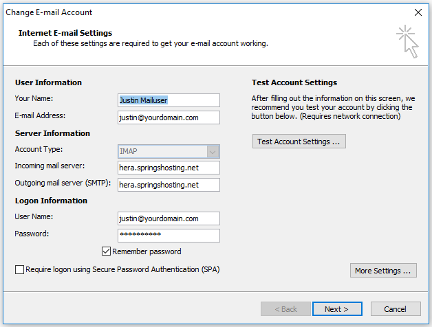 Outlook 2007 account settings